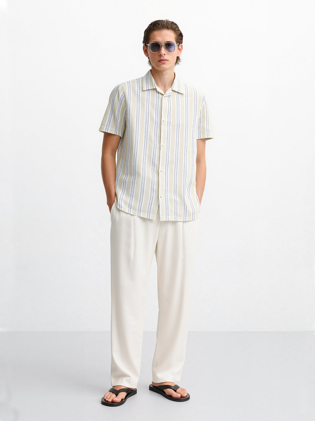 Light Beige Striped Structured Cuban Collar Shirt