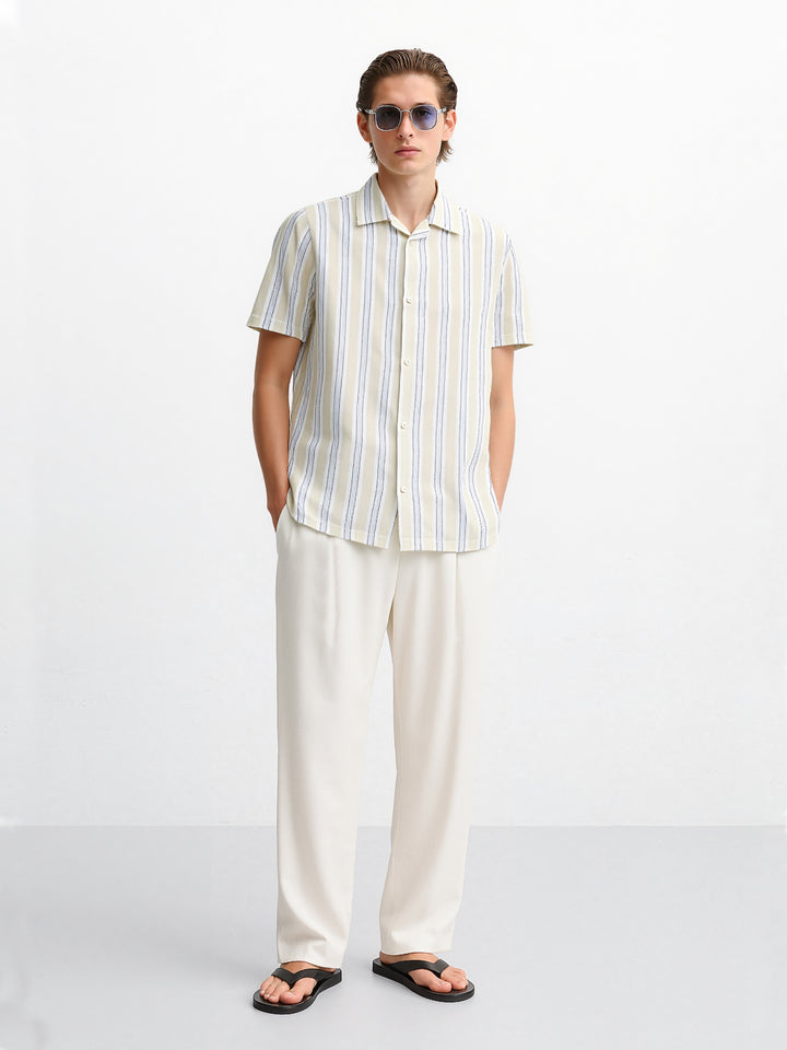 Light Beige Striped Structured Cuban Collar Shirt