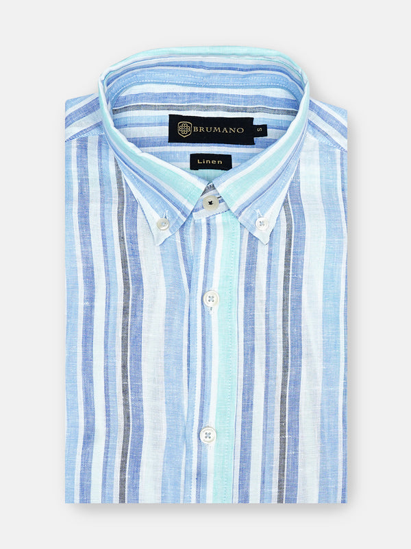 Light Blue 100% Linen Striped Button Down Shirt Brumano Pakistan
