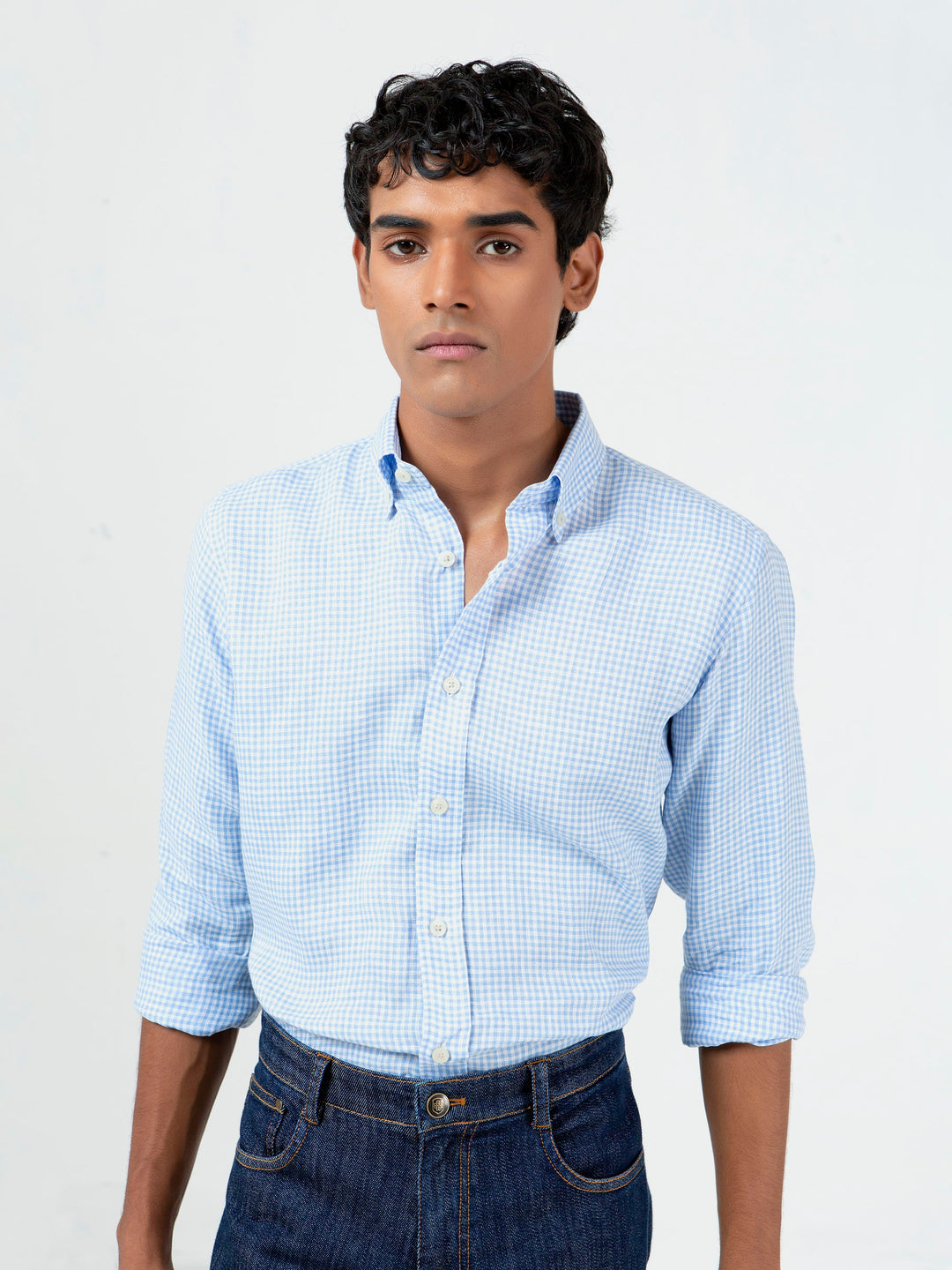 Light blue gingham cottonlinen shirt brumano pakistan