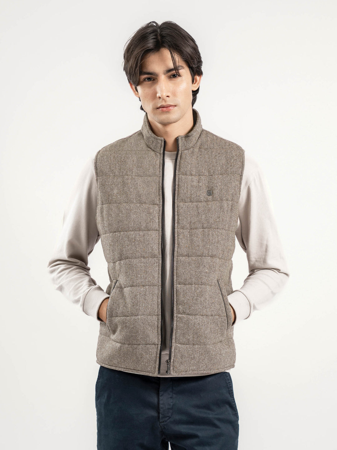Light Brown Wool Structured Sleeveless Zipper Jacket