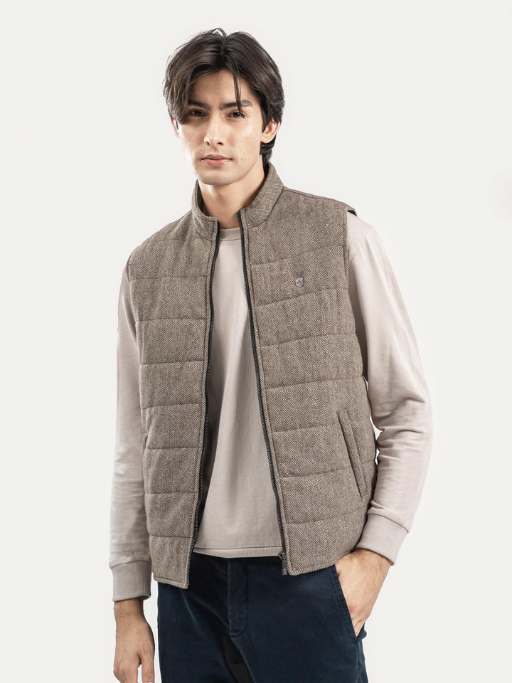 Light Brown Wool Structured Sleeveless Zipper Jacket
