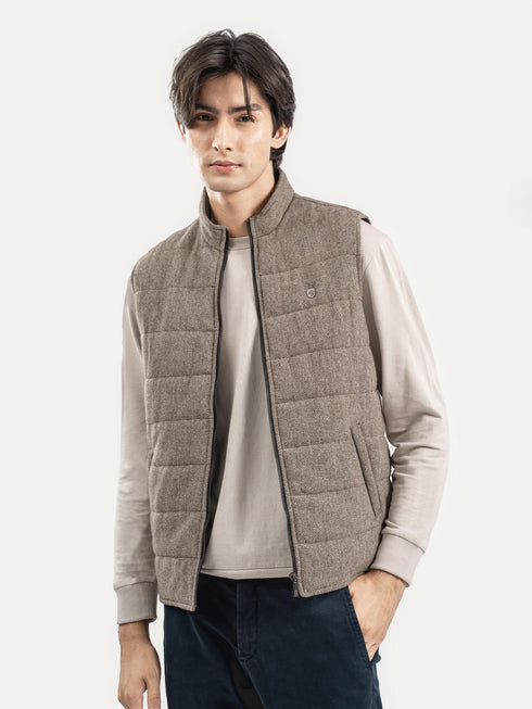Light Brown Wool Structured Sleeveless Zipper Jacket