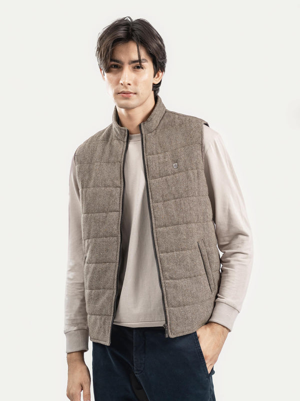 Light Brown Wool Structured Sleeveless Zipper Jacket