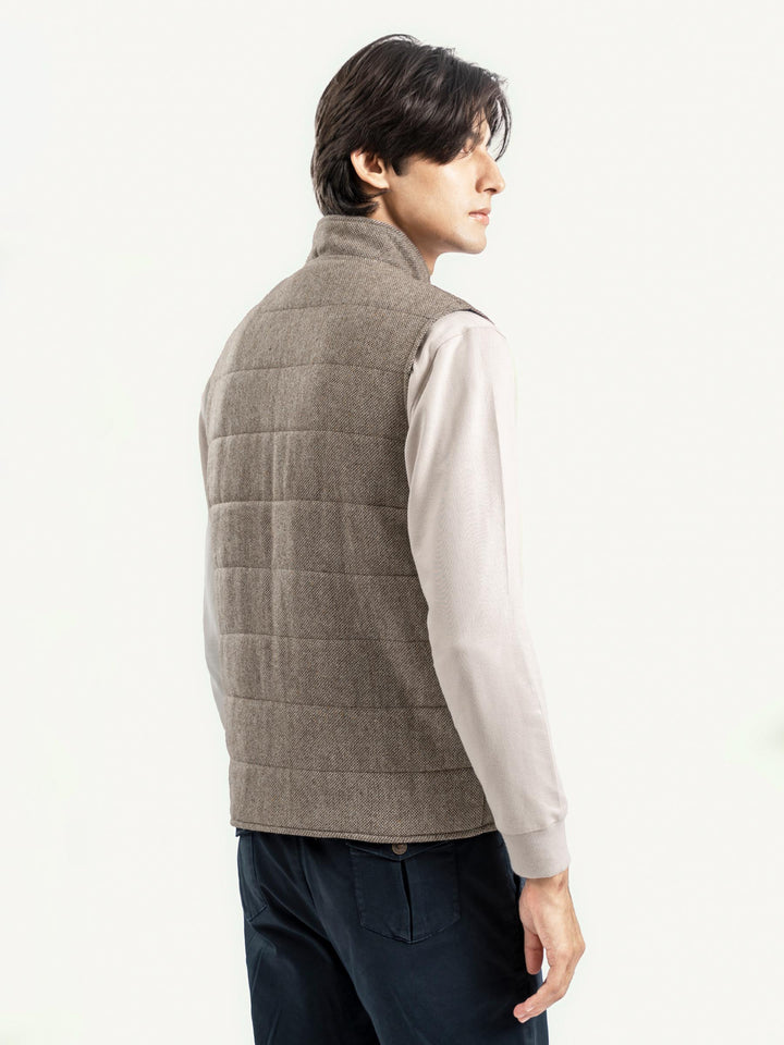 Light Brown Wool Structured Sleeveless Zipper Jacket