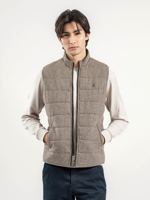 Light Brown Wool Structured Sleeveless Zipper Jacket