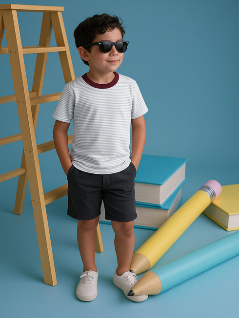 Light Grey Striped Casual Tee With Contrasting Crew Neck