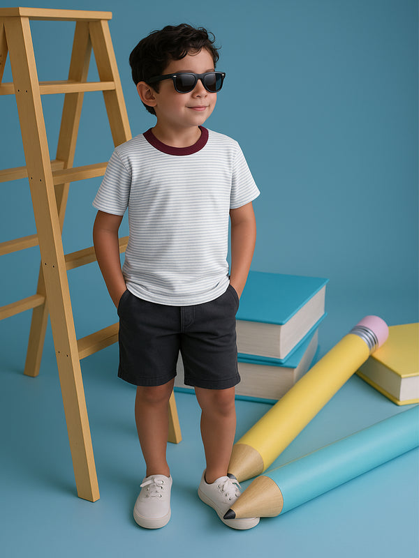 Light Grey Striped Casual Tee With Contrasting Crew Neck