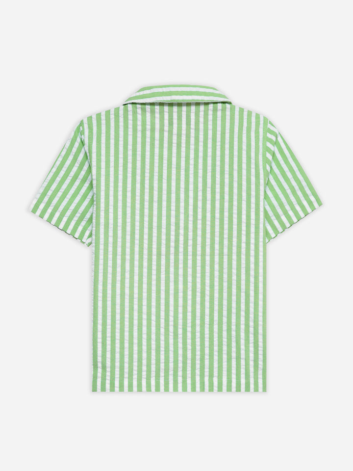 Lime Green Seersucked Striped Cuban Collar Shirt - Junior