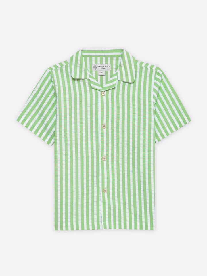Lime Green Seersucked Striped Cuban Collar Shirt - Junior