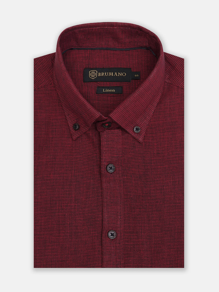 Maroon Linen Blended Houndstooth Patterned Shirt