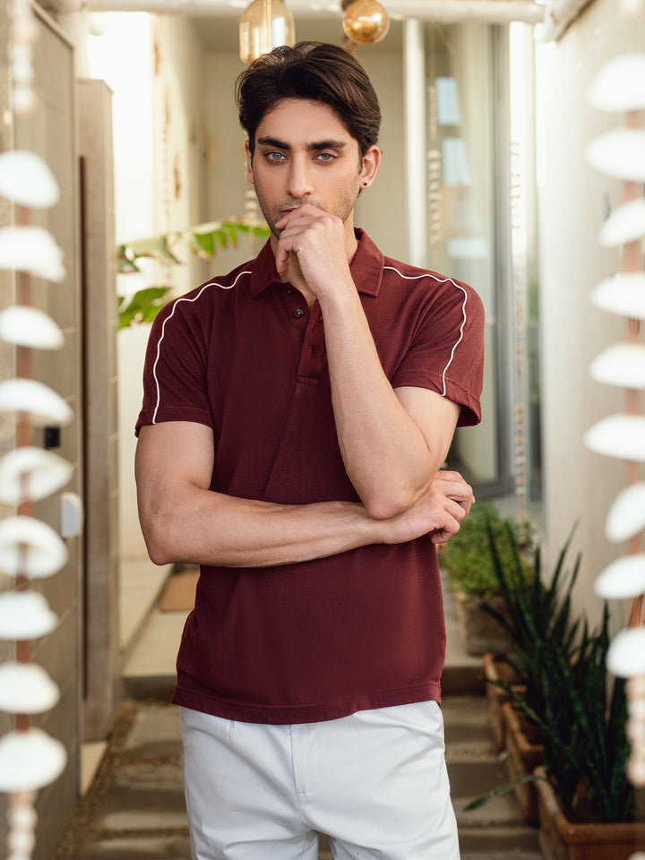 Men's maroon raglan sleeve polo shirt front view