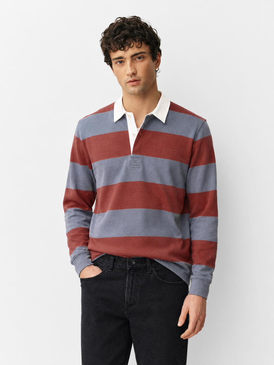 Maroon Striped Full Sleeve Rugby Polo