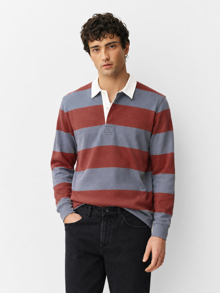 Maroon Striped Full Sleeve Rugby Polo