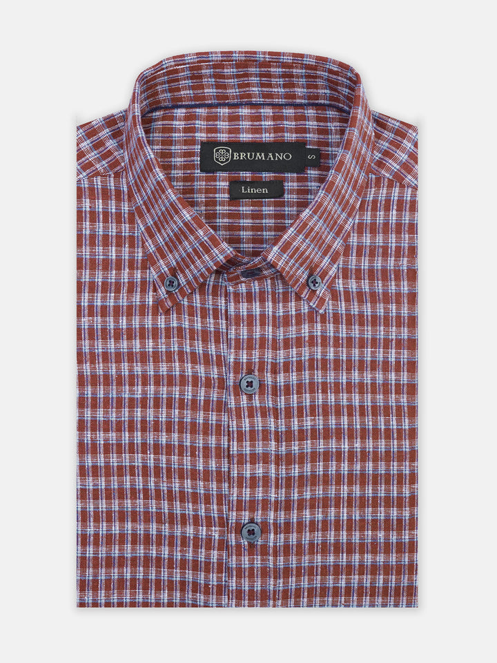 Maroon Vintage Look Linen Checkered Shirt