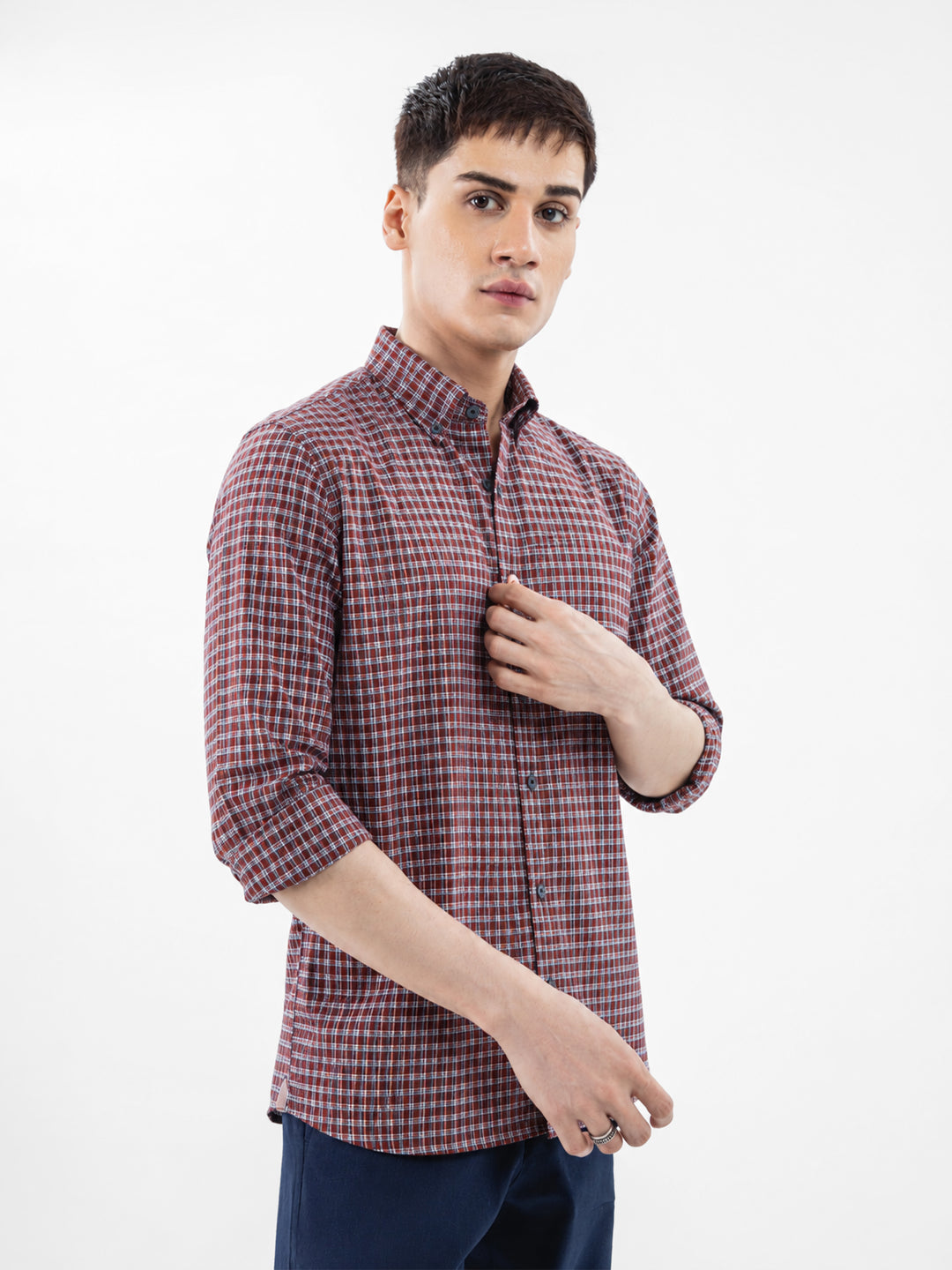 Maroon vintage look linen checkered shirt