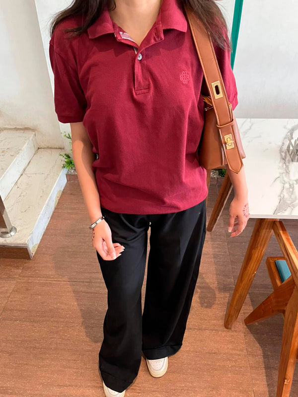 Maroon 100% Cotton Pique Polo - Women