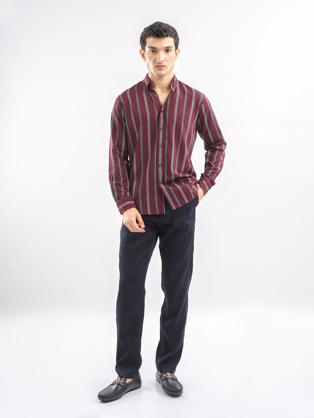 Maroon Bold Striped Button Down Shirt