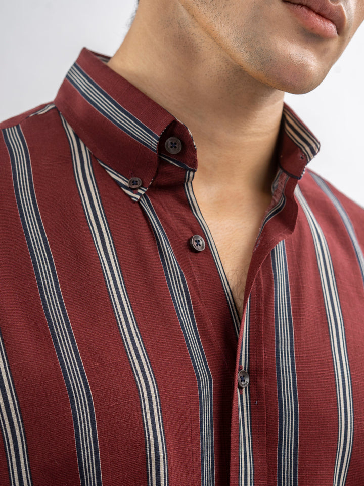 Maroon Bold Striped Button Down Shirt