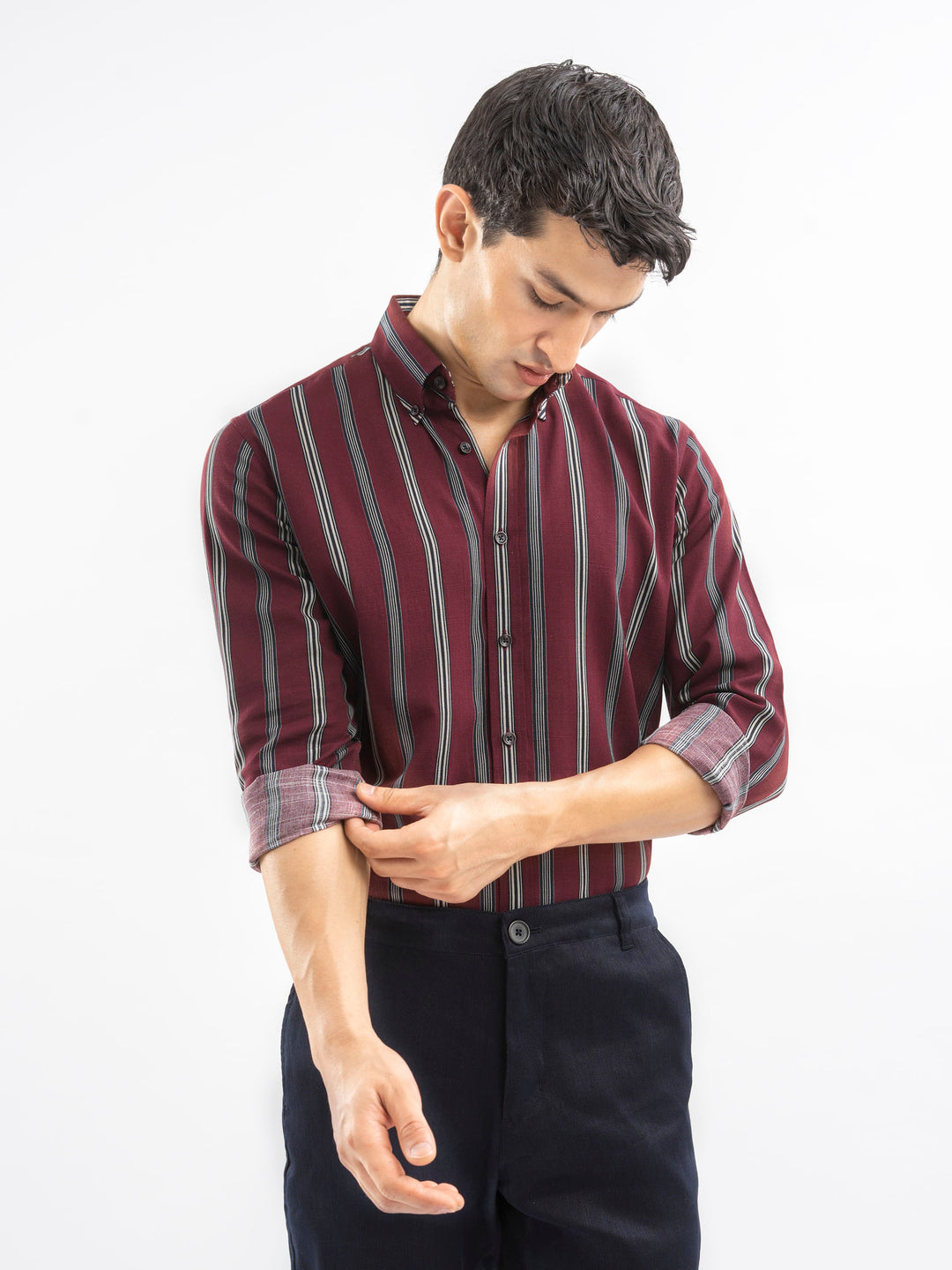 Maroon Bold Striped Button Down Shirt