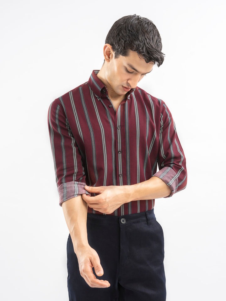 Maroon Bold Striped Button Down Shirt