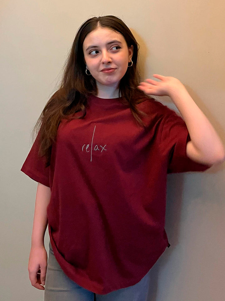 Maroon Oversized T-Shirt With Minimalist 'Relax' Embroidery - Women