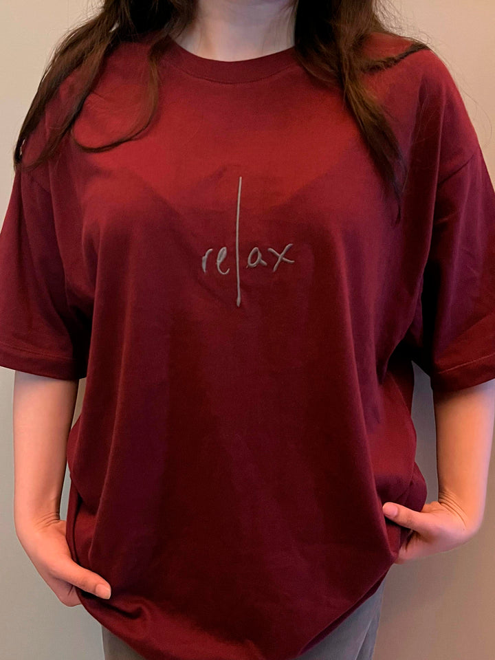 Maroon Oversized T-Shirt With Minimalist 'Relax' Embroidery - Women
