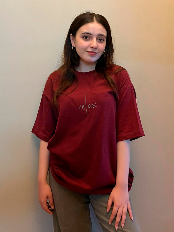Maroon Oversized T-Shirt With Minimalist 'Relax' Embroidery - Women