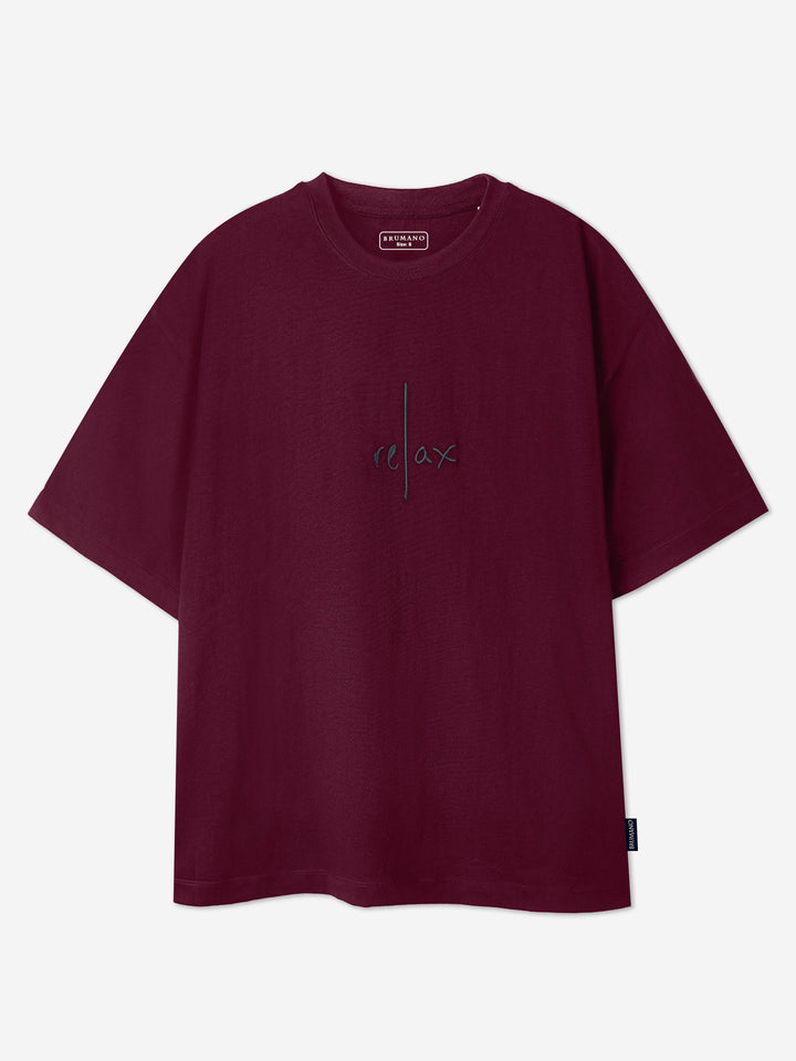Maroon Oversized T-Shirt With Minimalist 'Relax' Embroidery - Women