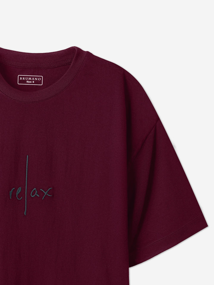 Maroon Oversized T-Shirt With Minimalist 'Relax' Embroidery - Women