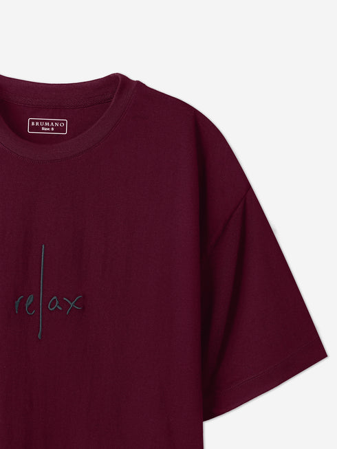 Maroon Oversized T-Shirt With Minimalist 'Relax' Embroidery