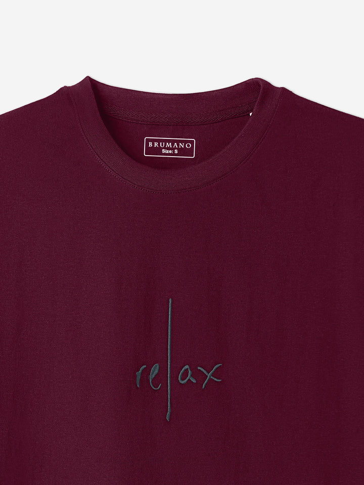 Maroon Oversized T-Shirt With Minimalist 'Relax' Embroidery - Women