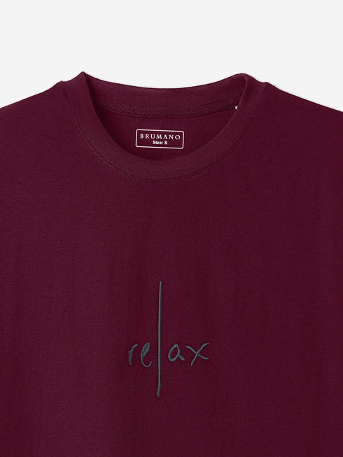 Maroon Oversized T-Shirt With Minimalist 'Relax' Embroidery