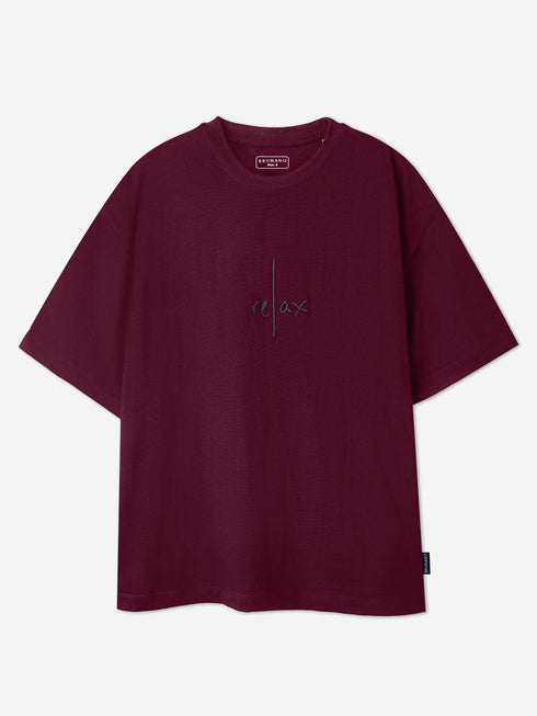 Maroon Oversized T-Shirt With Minimalist 'Relax' Embroidery