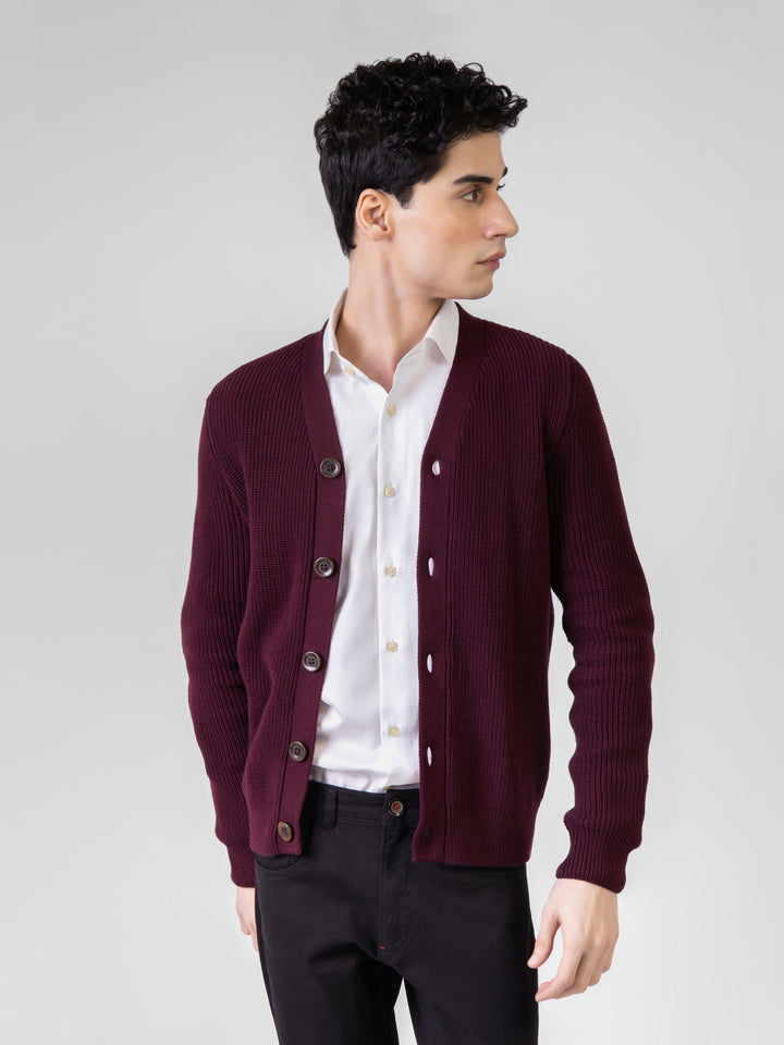 Maroon Ribbed V-Neck Cardigan