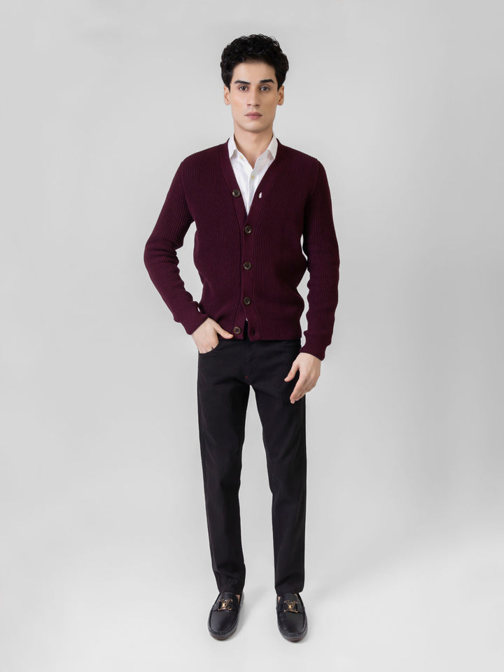 Maroon Ribbed V-Neck Cardigan