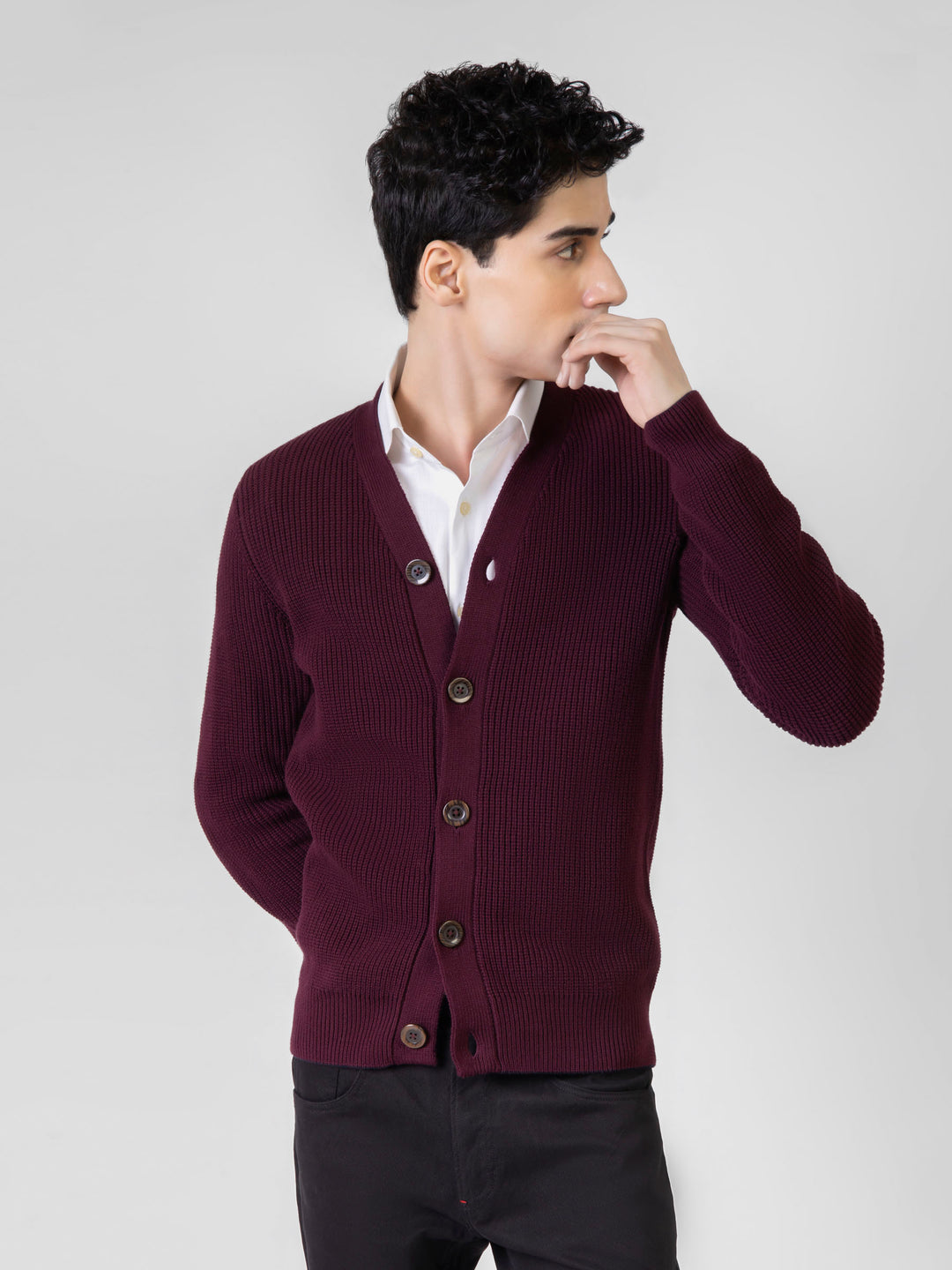Maroon Ribbed V-Neck Cardigan