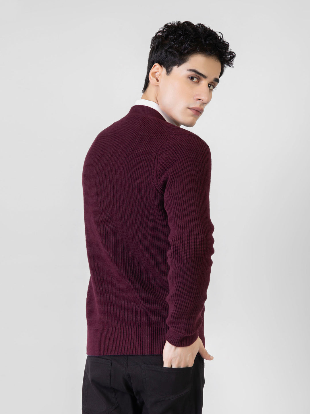 Maroon Ribbed V-Neck Cardigan
