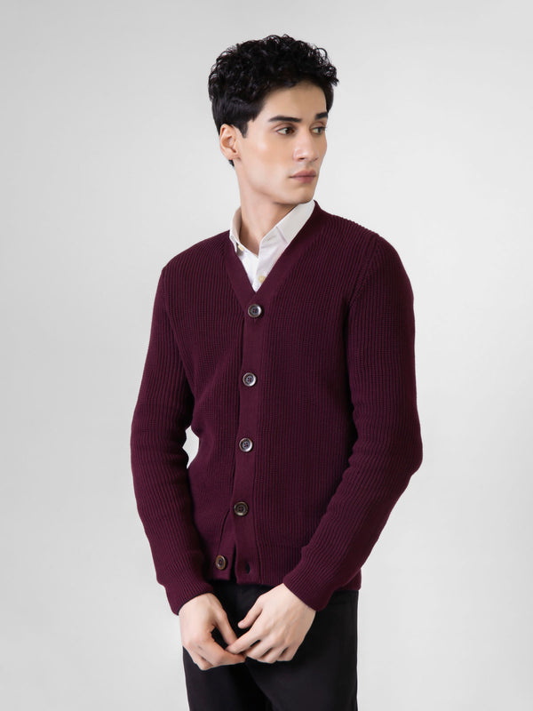 Maroon Ribbed V-Neck Cardigan