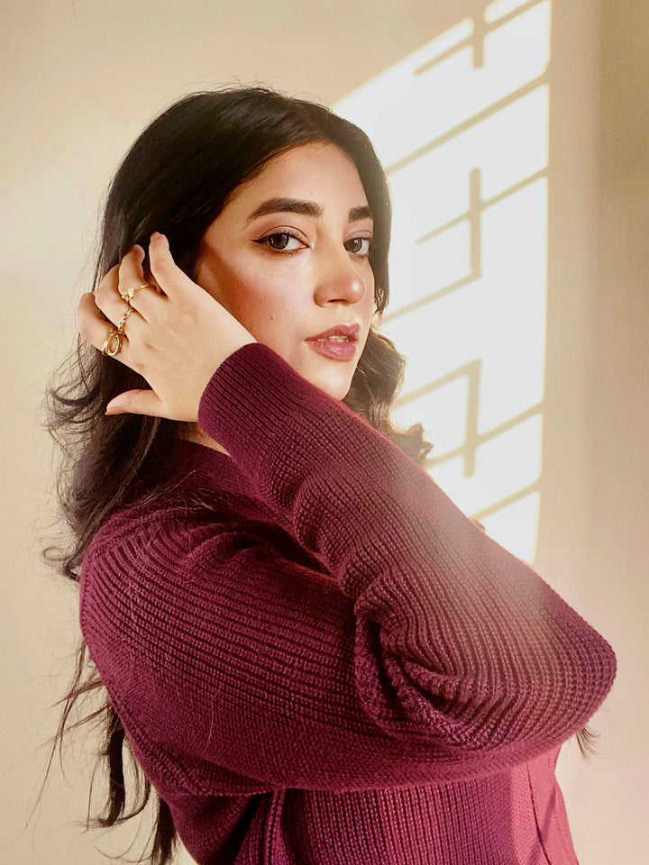 Maroon Ribbed V-Neck Cardigan - Women