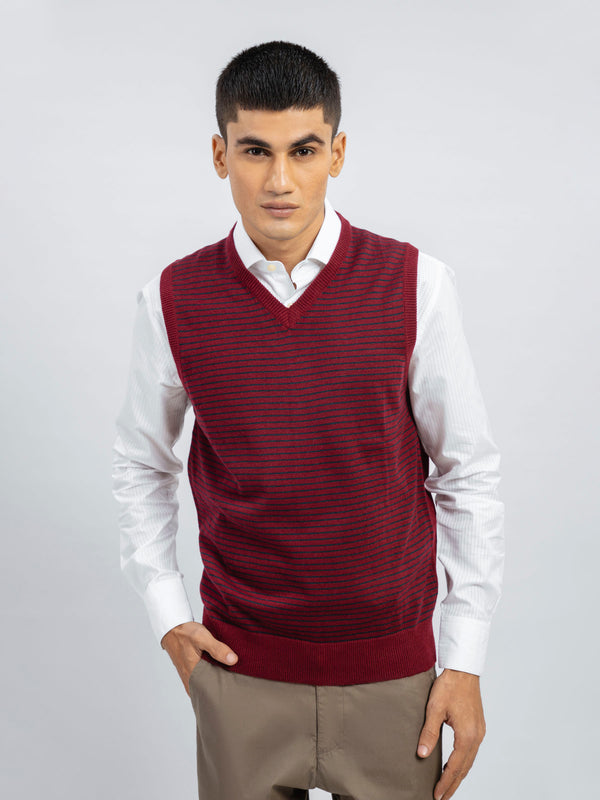 Maroon Striped Wool Blended Sleeveless Sweater Brumano Pakistan