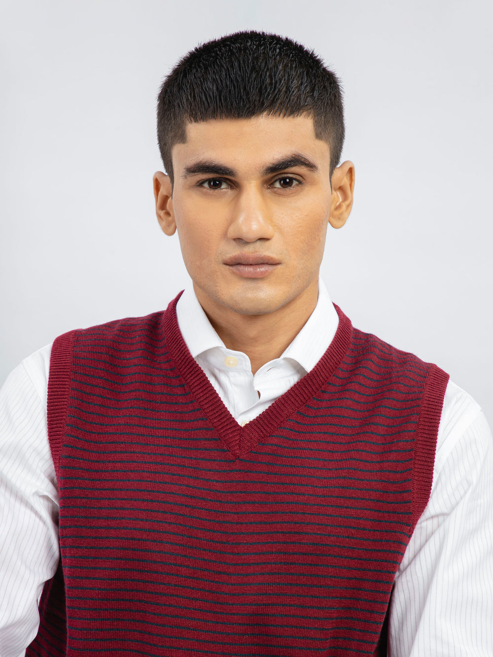 Maroon Striped Wool Blended Sleeveless Sweater