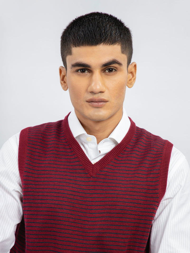 Maroon Striped Wool Blended Sleeveless Sweater Brumano Pakistan