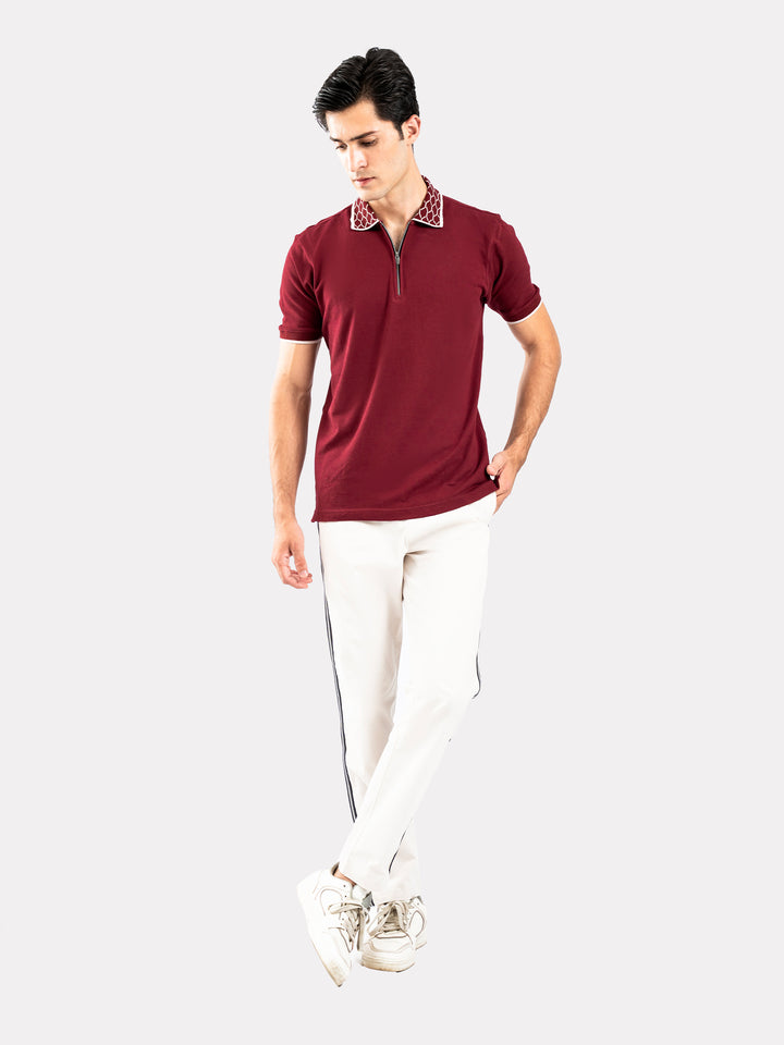 Maroon Zipper Polo With Jacquard Collar