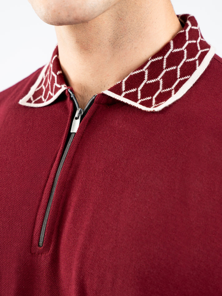 Maroon Zipper Polo With Jacquard Collar