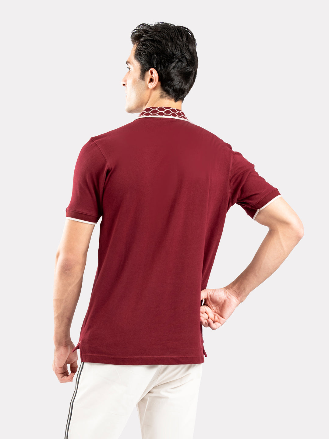 Maroon Zipper Polo With Jacquard Collar