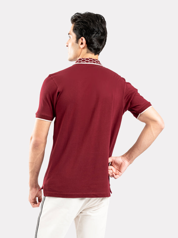 Maroon Zipper Polo With Jacquard Collar