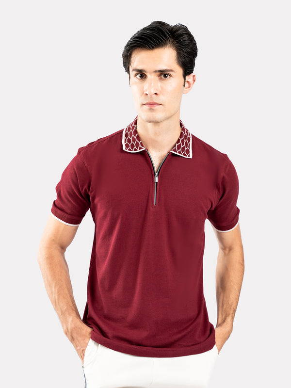 Maroon Zipper Polo With Jacquard Collar