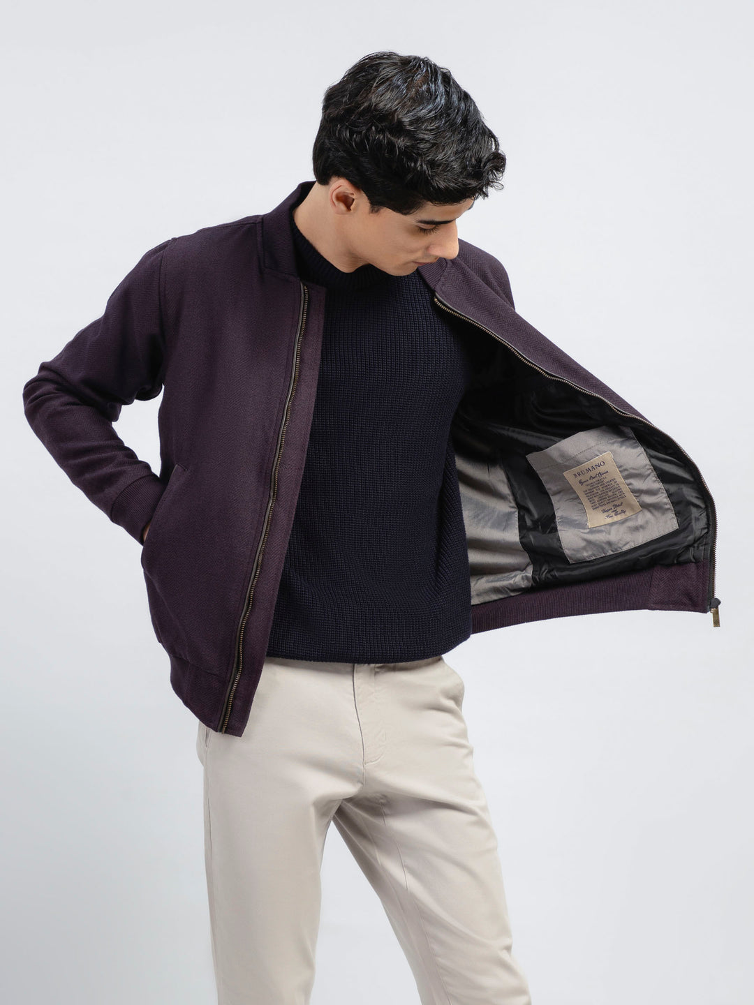 Maroon & Indigo Herringbone Structured Bomber Jacket Brumano Pakistan 1