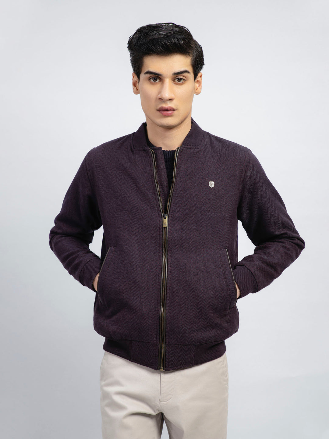 Maroon & Indigo Herringbone Structured Bomber Jacket Brumano Pakistan 1